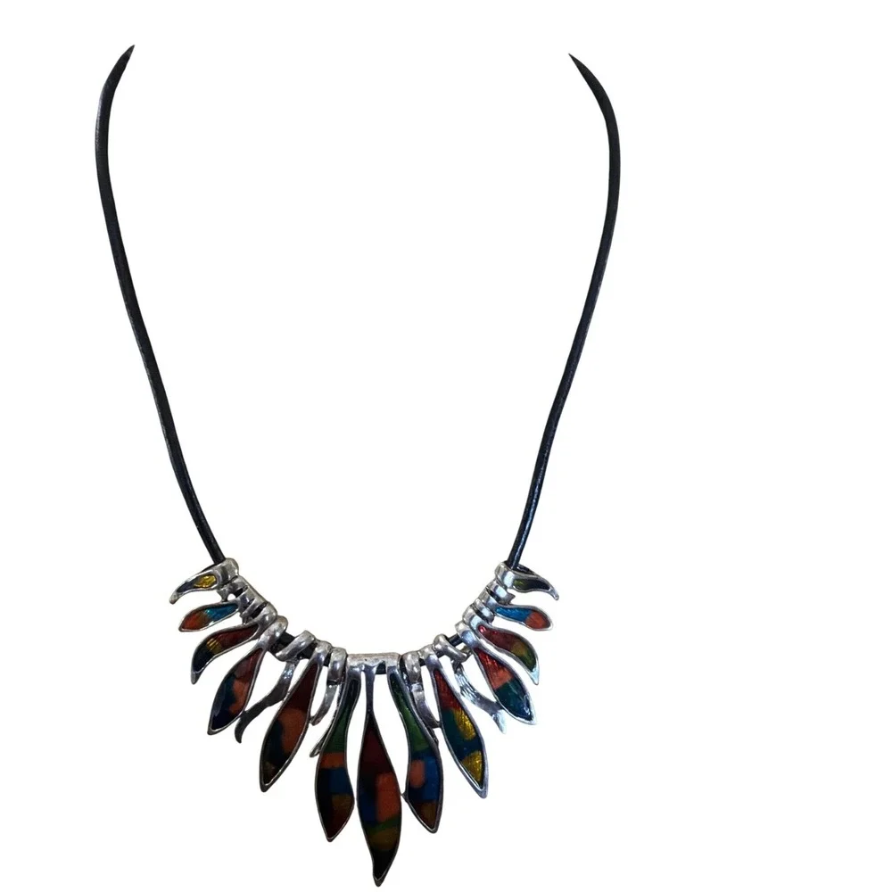 Multicolor Enamel‎ Silver Tone Leaf Bib Statement Necklace Black Cord Boho